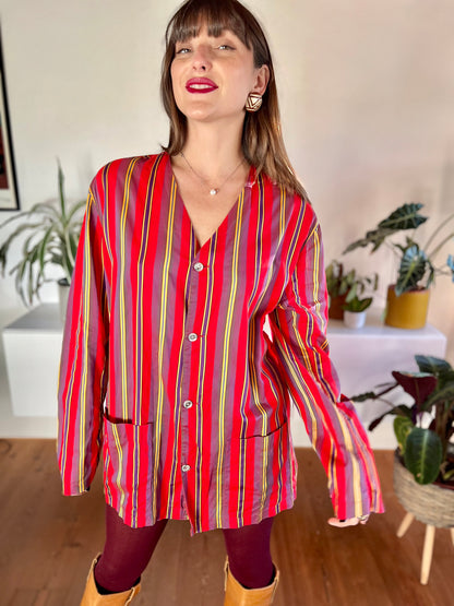 1970's vintage red and purple vertical stripe shirt dress