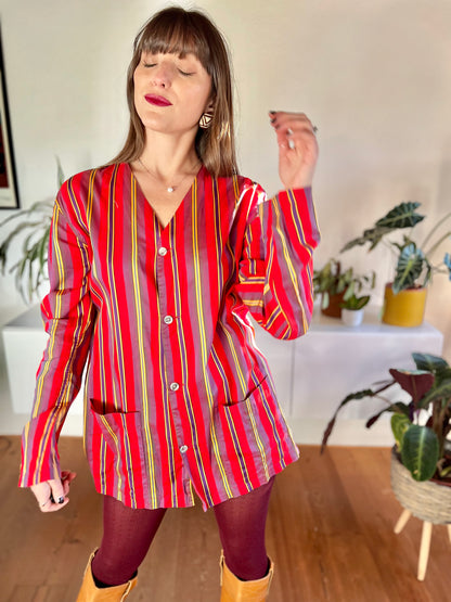 1970's vintage red and purple vertical stripe shirt dress