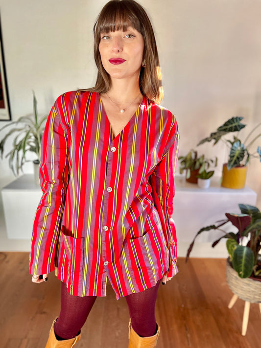 1970's vintage red and purple vertical stripe shirt dress