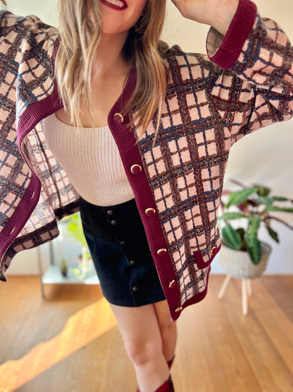 1970's vintage burgundy and blue plaid oversize cardigan