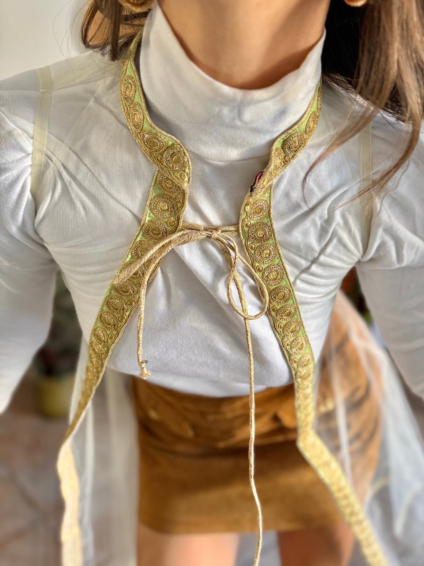 1970's vintage mesh cape with gold, silver and mint green embroidered trimming