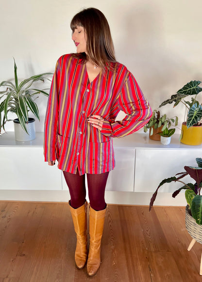 1970's vintage red and purple vertical stripe shirt dress