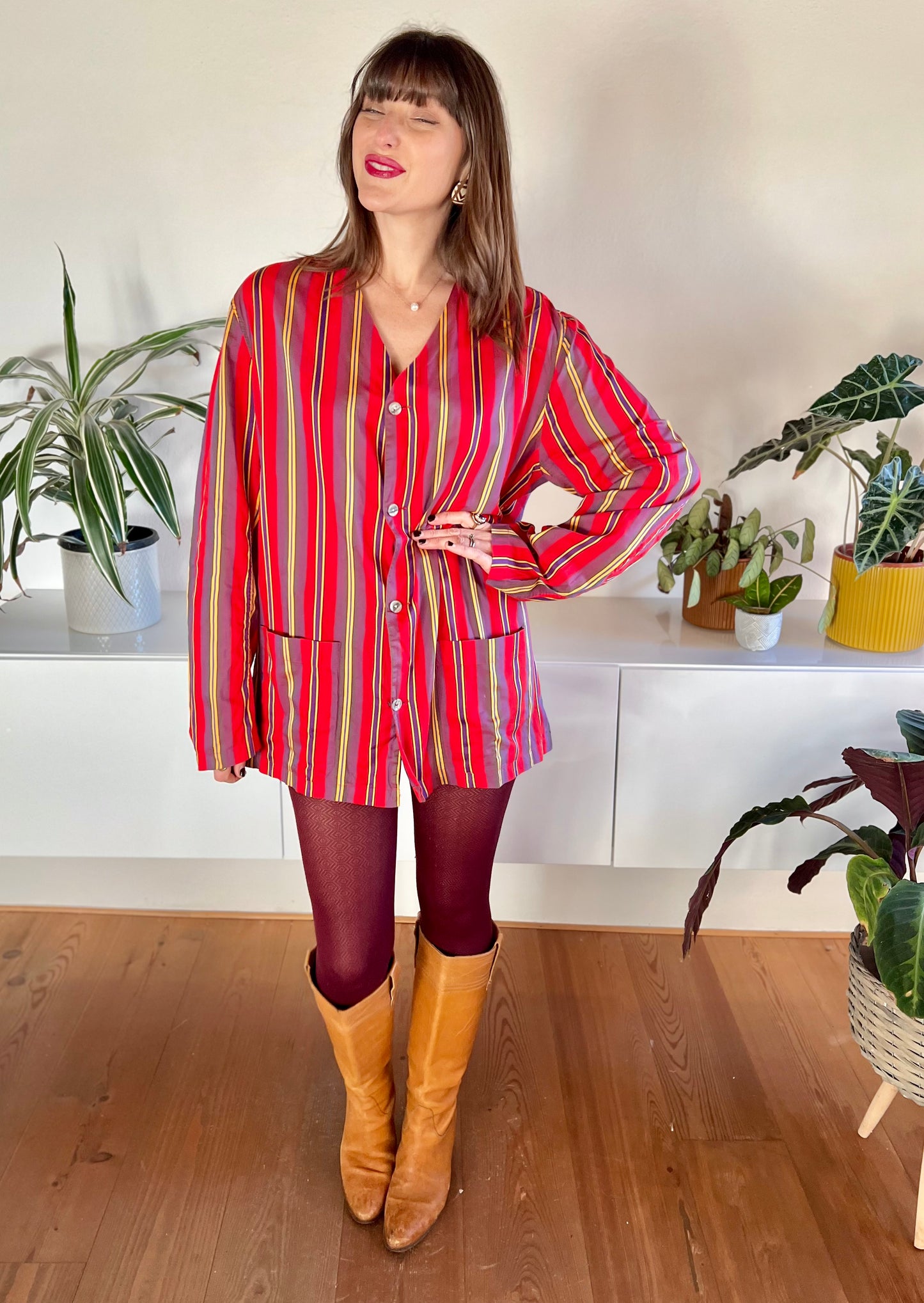 1970's vintage red and purple vertical stripe shirt dress