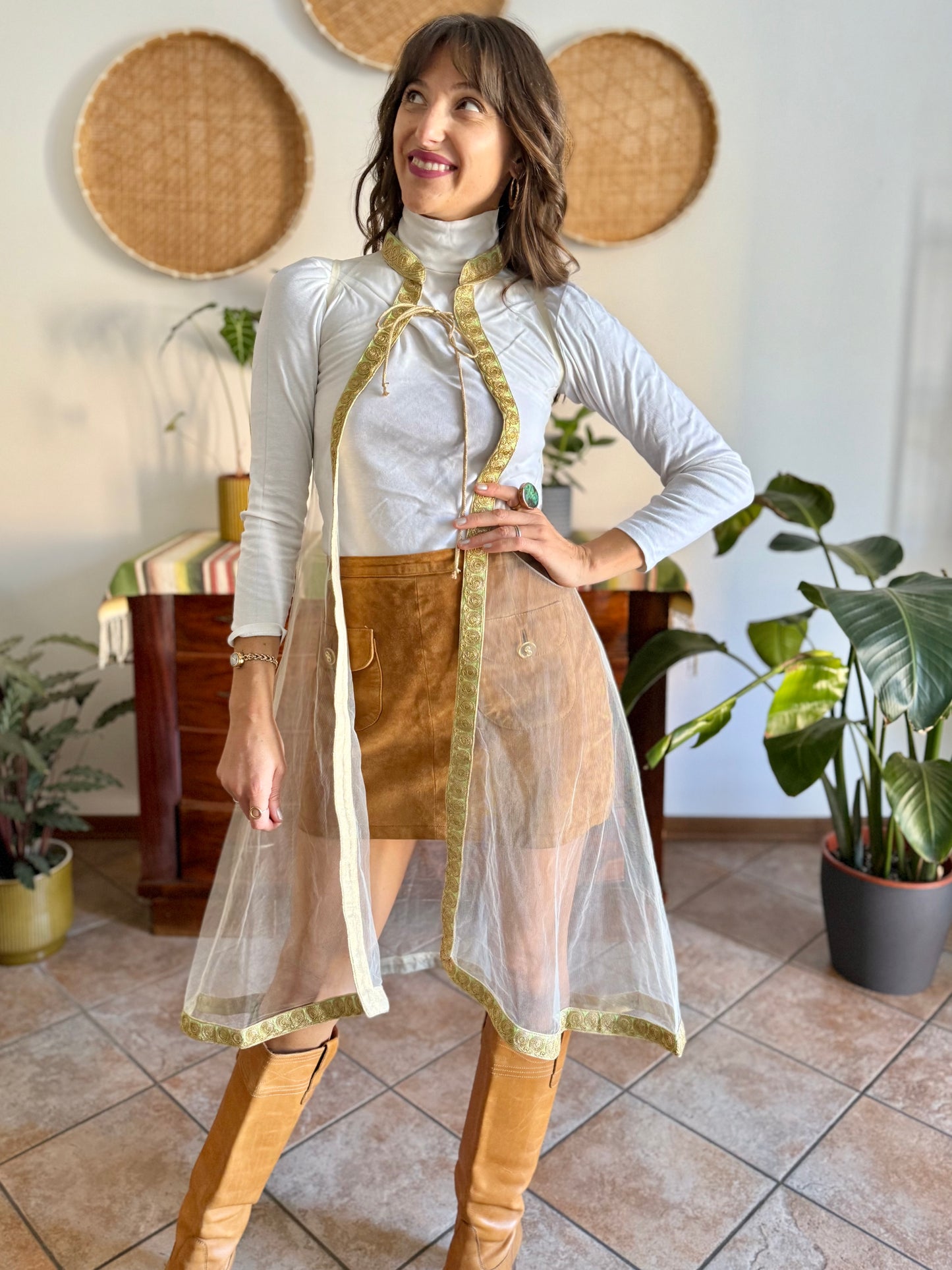 1970's vintage mesh cape with gold, silver and mint green embroidered trimming