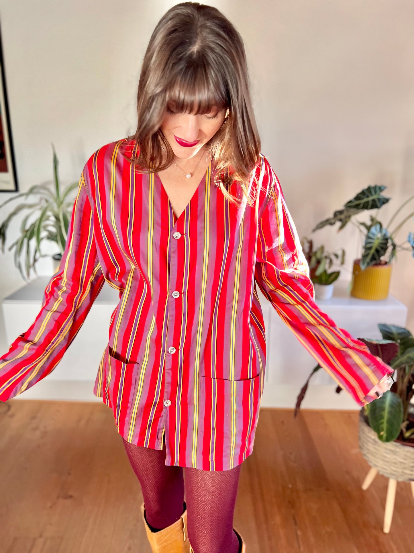 1970's vintage red and purple vertical stripe shirt dress