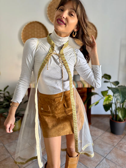 1970's vintage mesh cape with gold, silver and mint green embroidered trimming