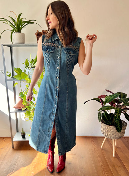 1990's vintage dark blue denim maxi dress with lattice detail