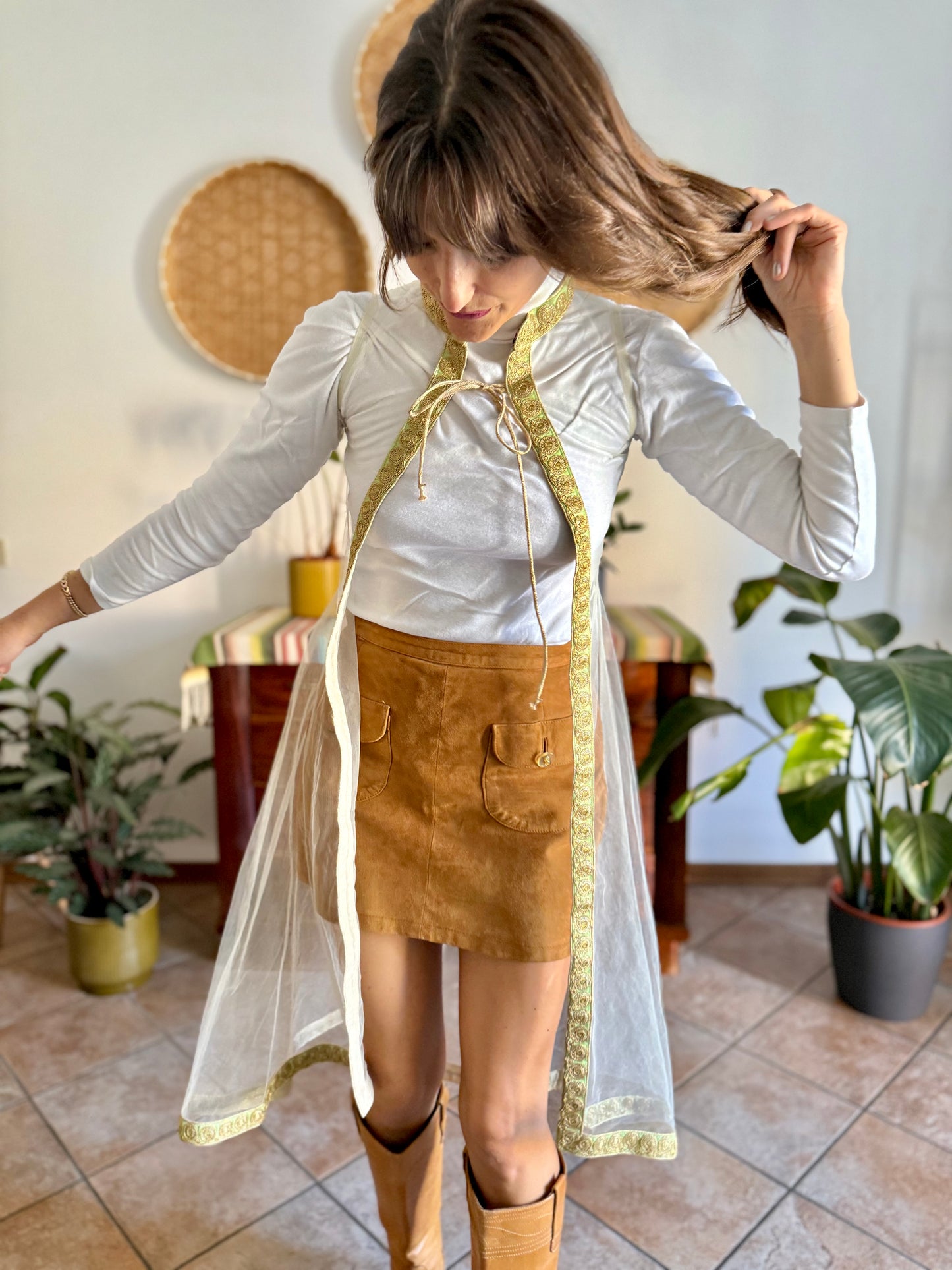 1970's vintage mesh cape with gold, silver and mint green embroidered trimming
