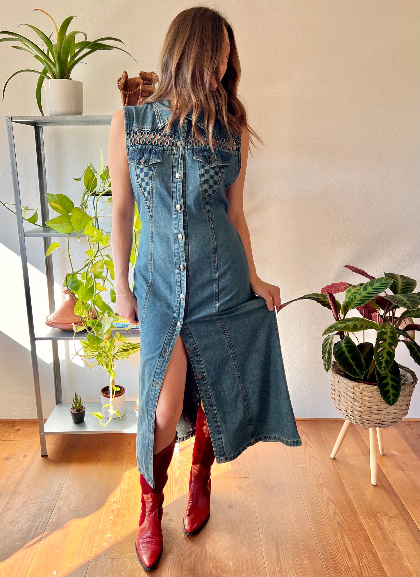 1990's vintage dark blue denim maxi dress with lattice detail