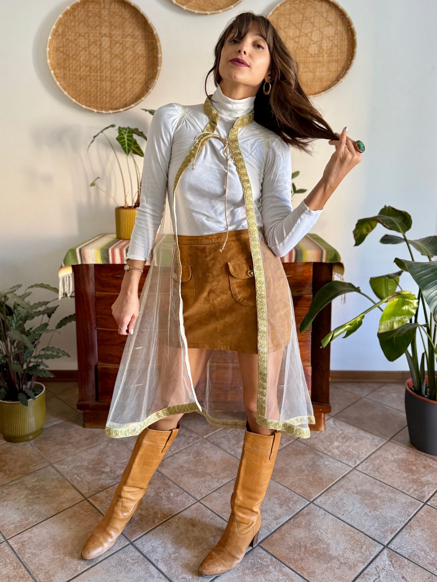 1970's vintage mesh cape with gold, silver and mint green embroidered trimming
