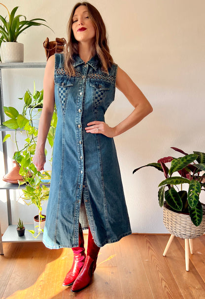 1990's vintage dark blue denim maxi dress with lattice detail