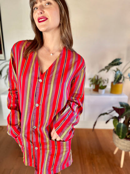 1970's vintage red and purple vertical stripe shirt dress