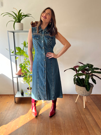 1990's vintage dark blue denim maxi dress with lattice detail