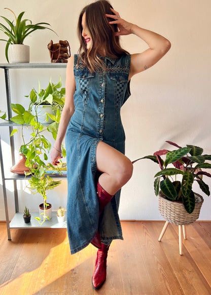 1990's vintage dark blue denim maxi dress with lattice detail