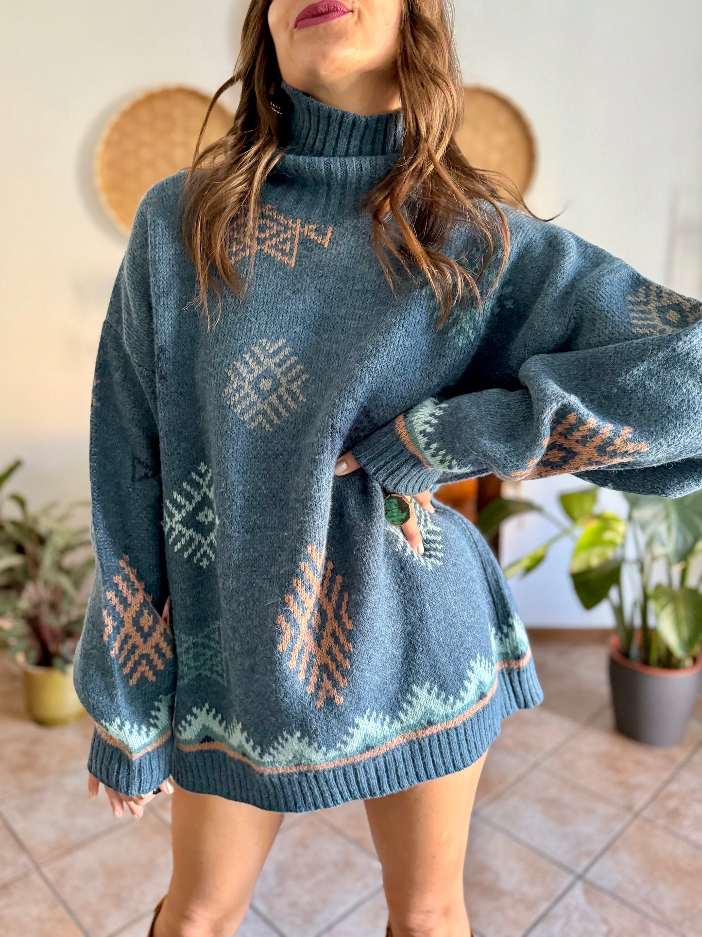 1990's vintage oversize wool and mohair blend blue and pink geometric knit turtleneck