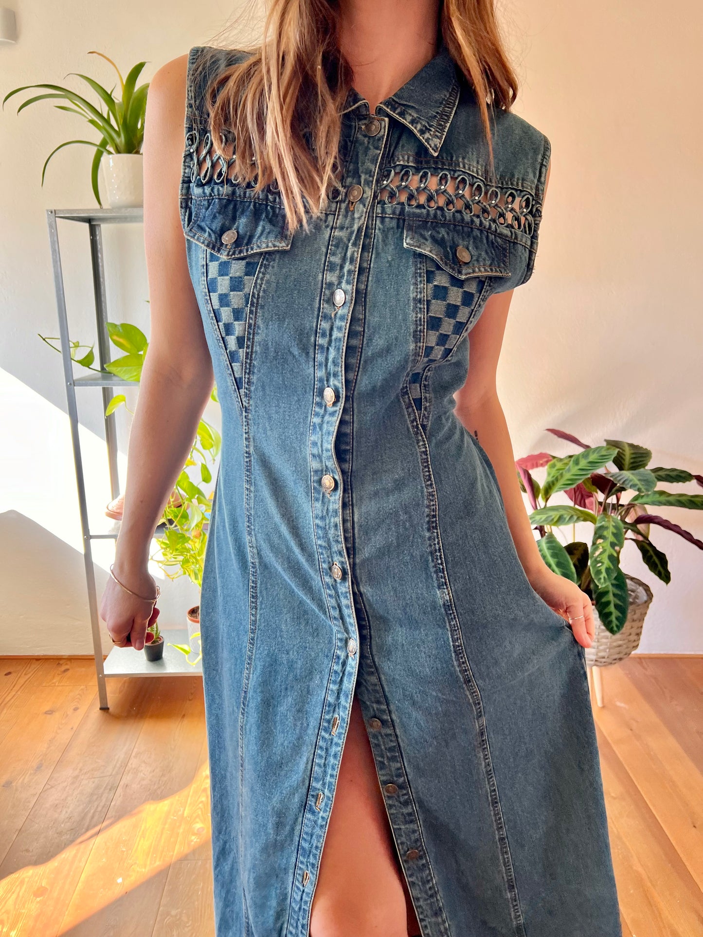 1990's vintage dark blue denim maxi dress with lattice detail