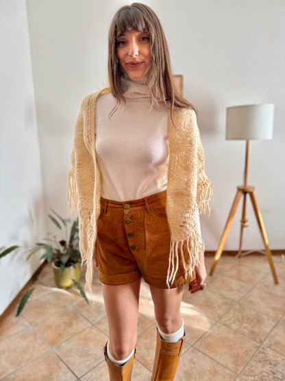 1970's vintage hand knit cream wool shawl with fringe detail