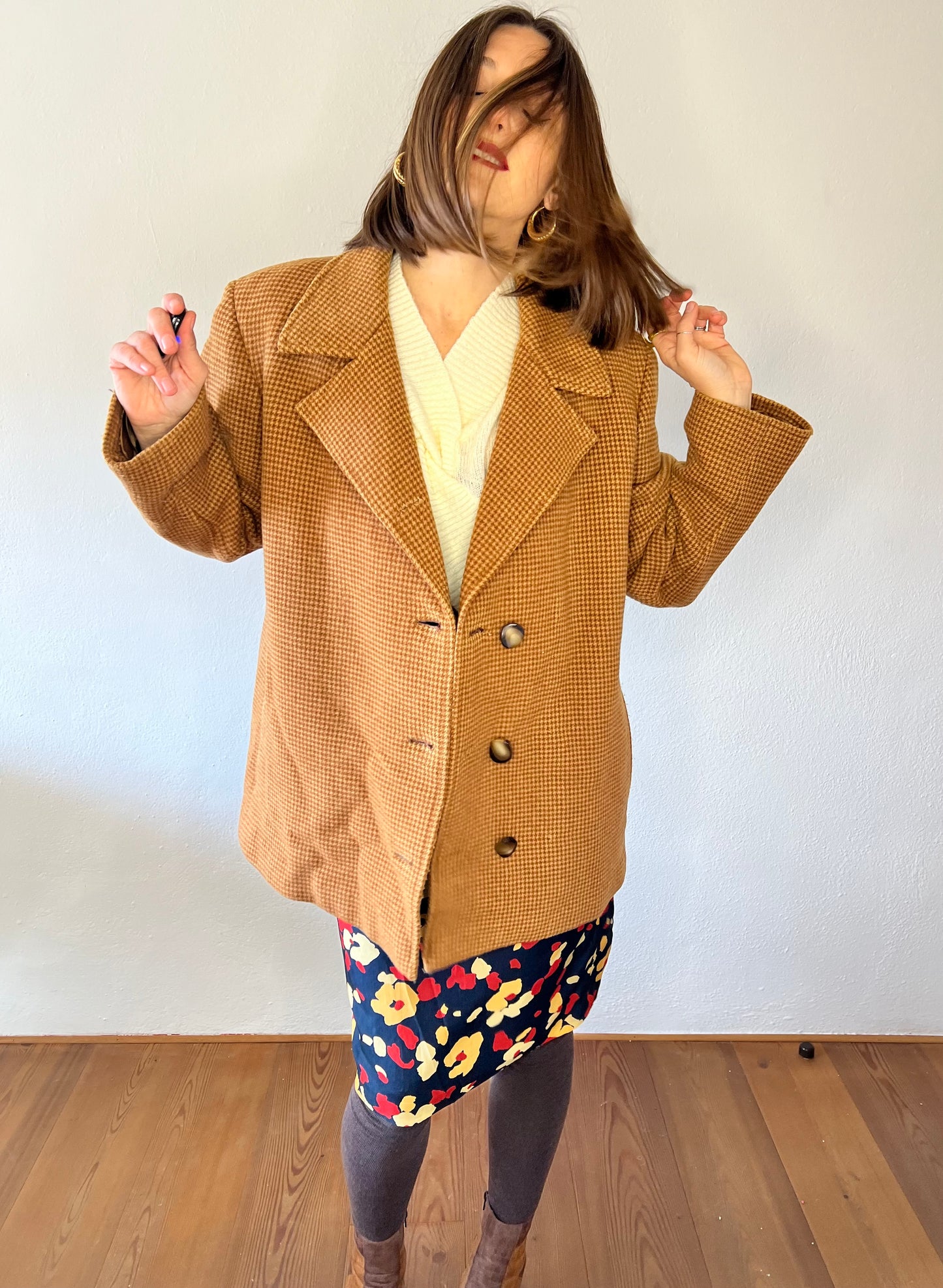 1970's vintage beige and tan houndstooth wool over coat