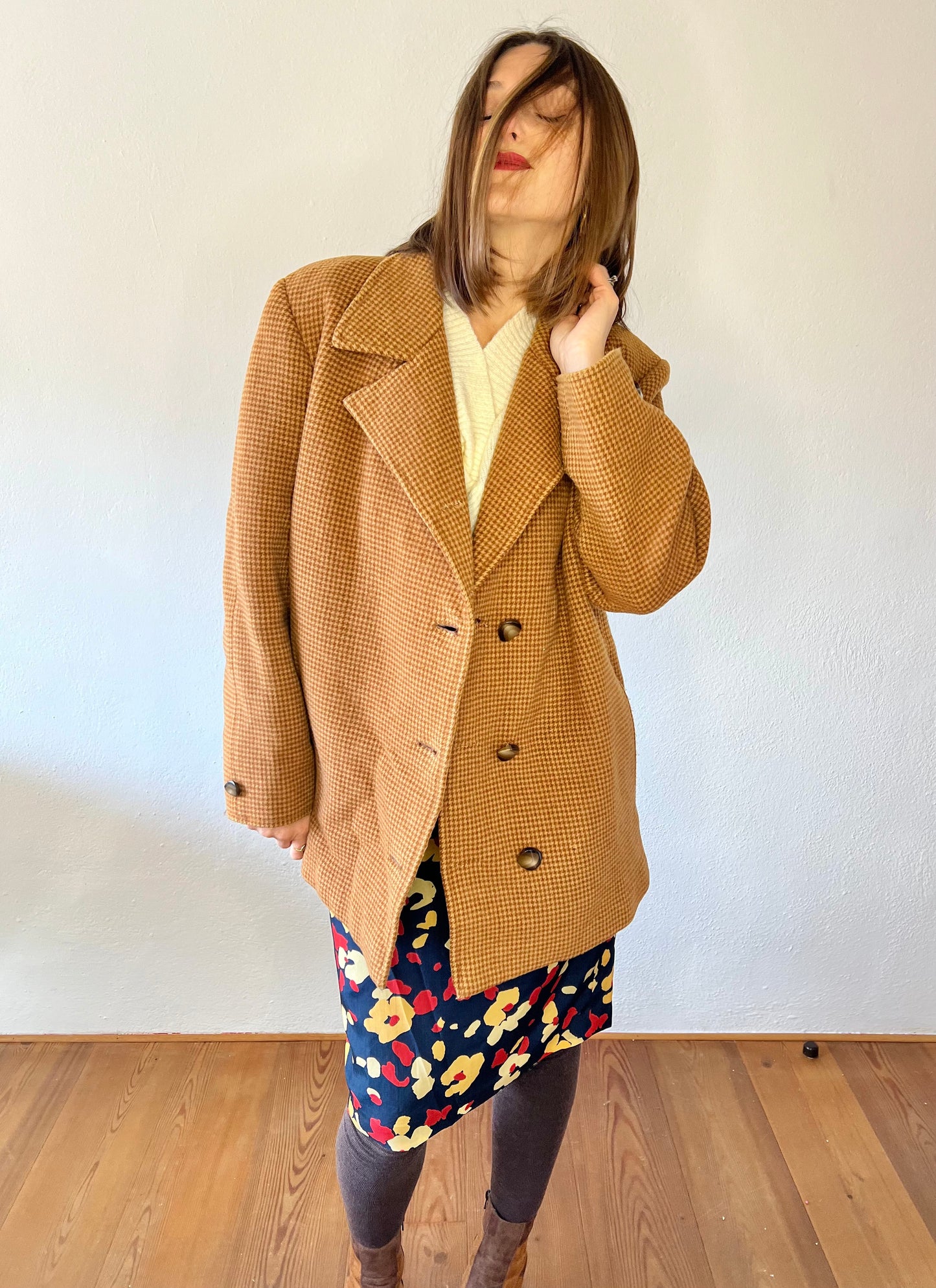 1970's vintage beige and tan houndstooth wool over coat