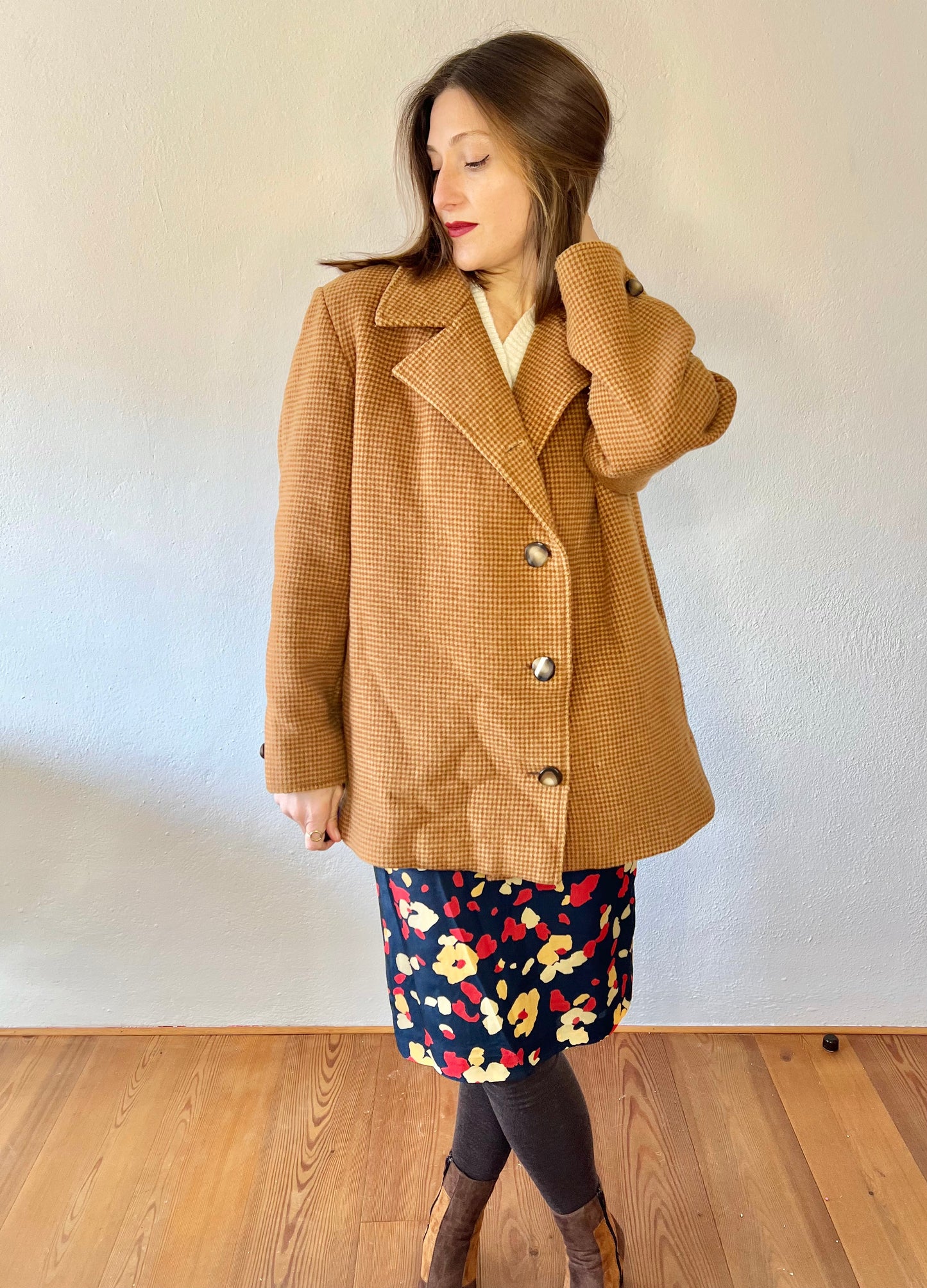 1970's vintage beige and tan houndstooth wool over coat