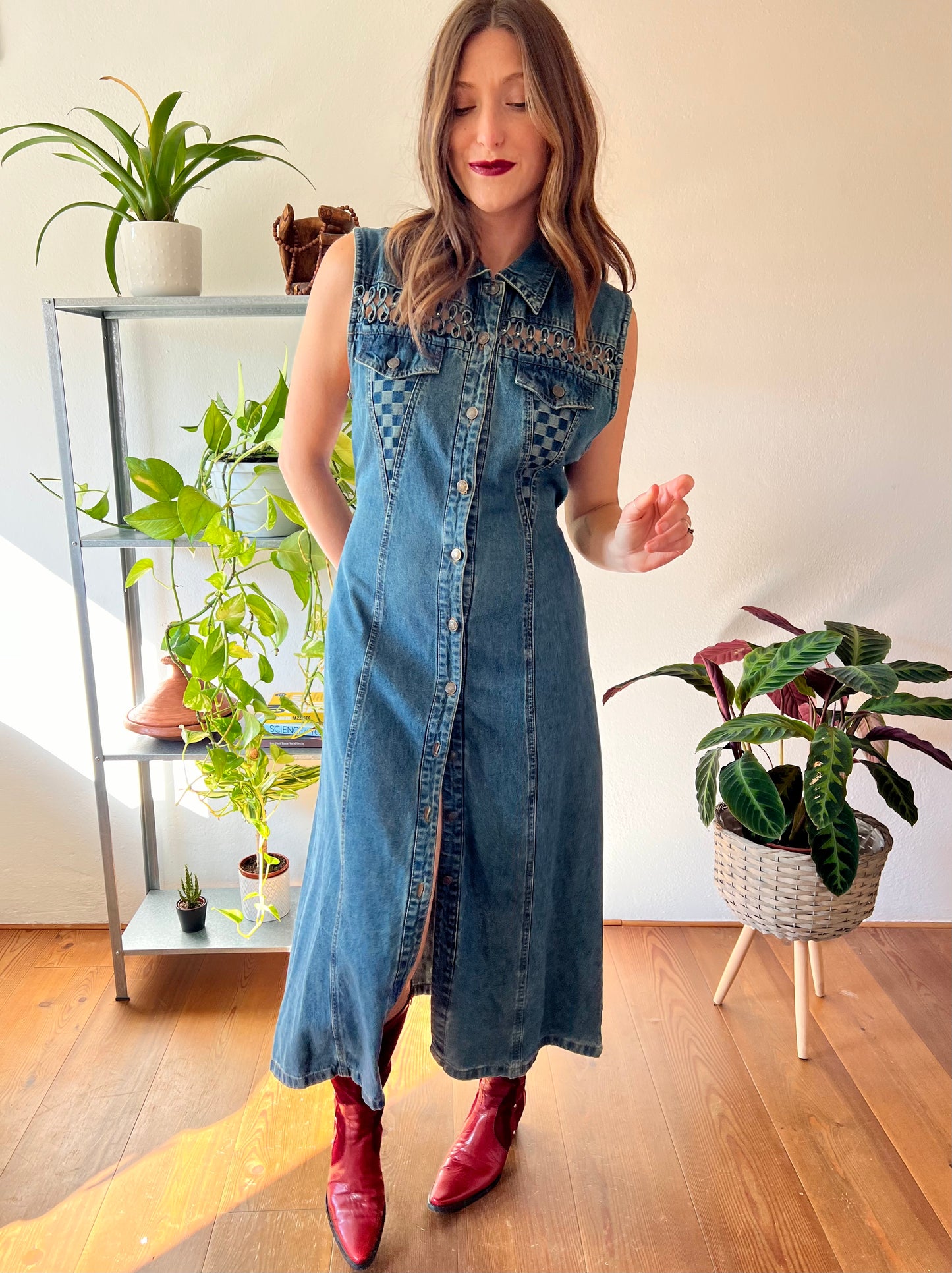 1990's vintage dark blue denim maxi dress with lattice detail