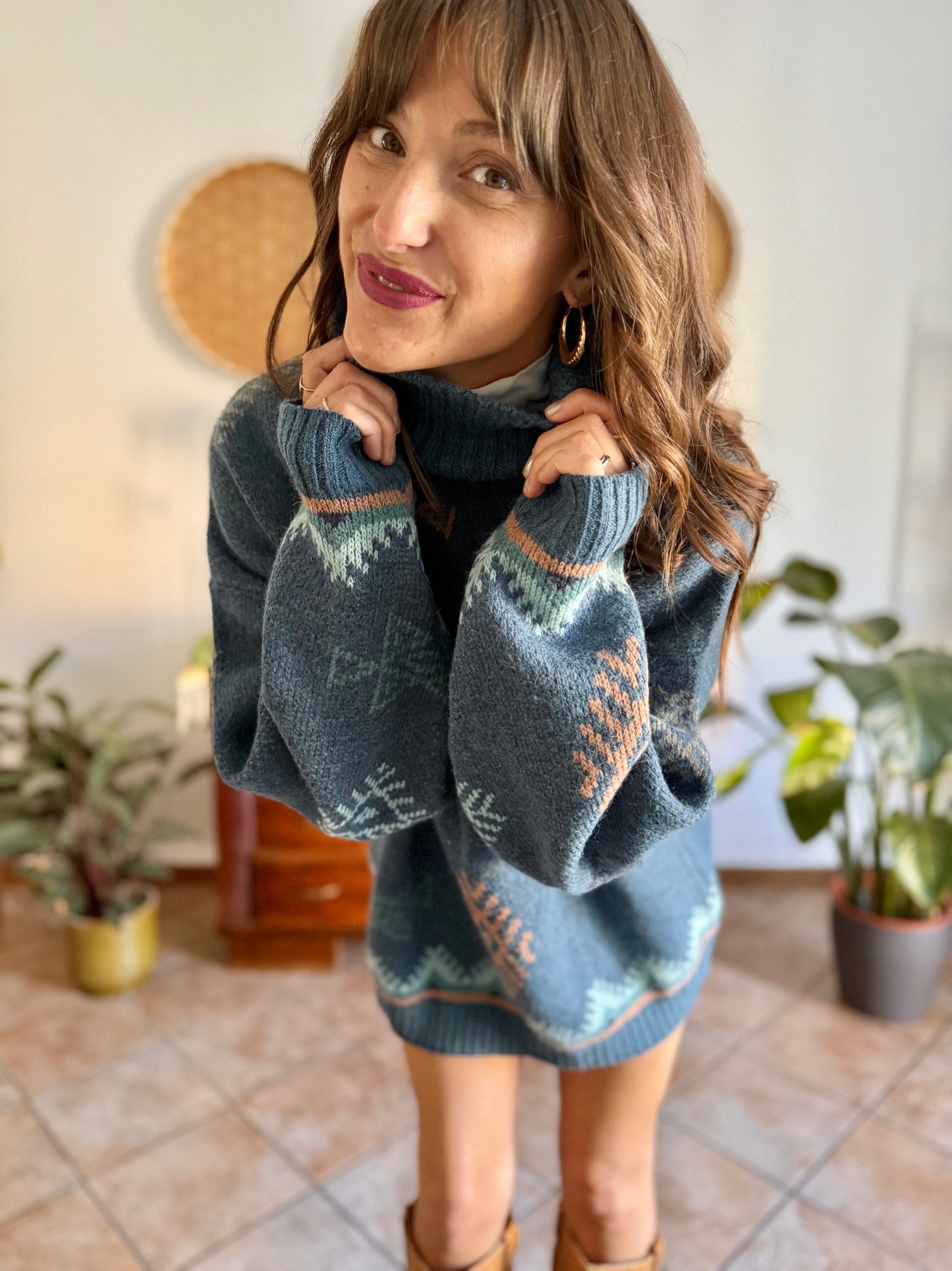 1990's vintage oversize wool and mohair blend blue and pink geometric knit turtleneck