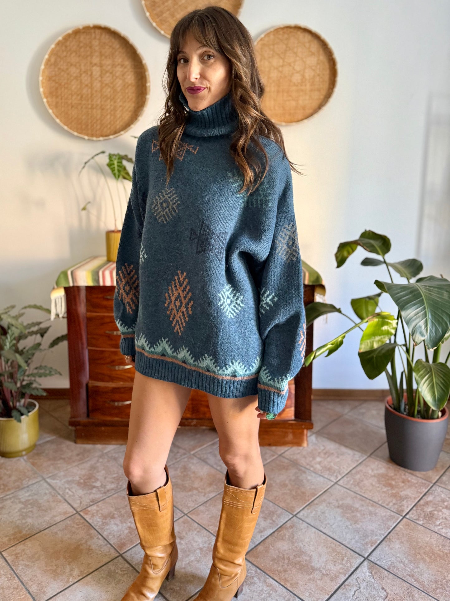 1990's vintage oversize wool and mohair blend blue and pink geometric knit turtleneck