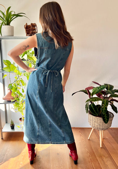 1990's vintage dark blue denim maxi dress with lattice detail