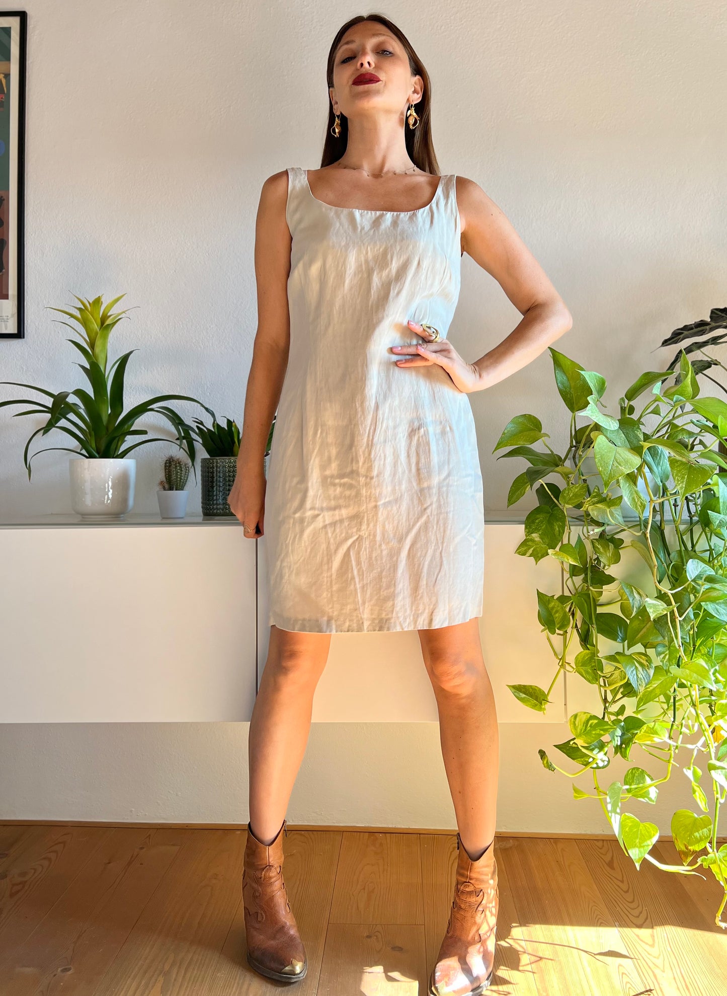 1990's vintage beige silk and linen blend mini dress