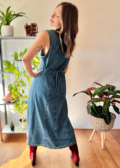 1990's vintage dark blue denim maxi dress with lattice detail