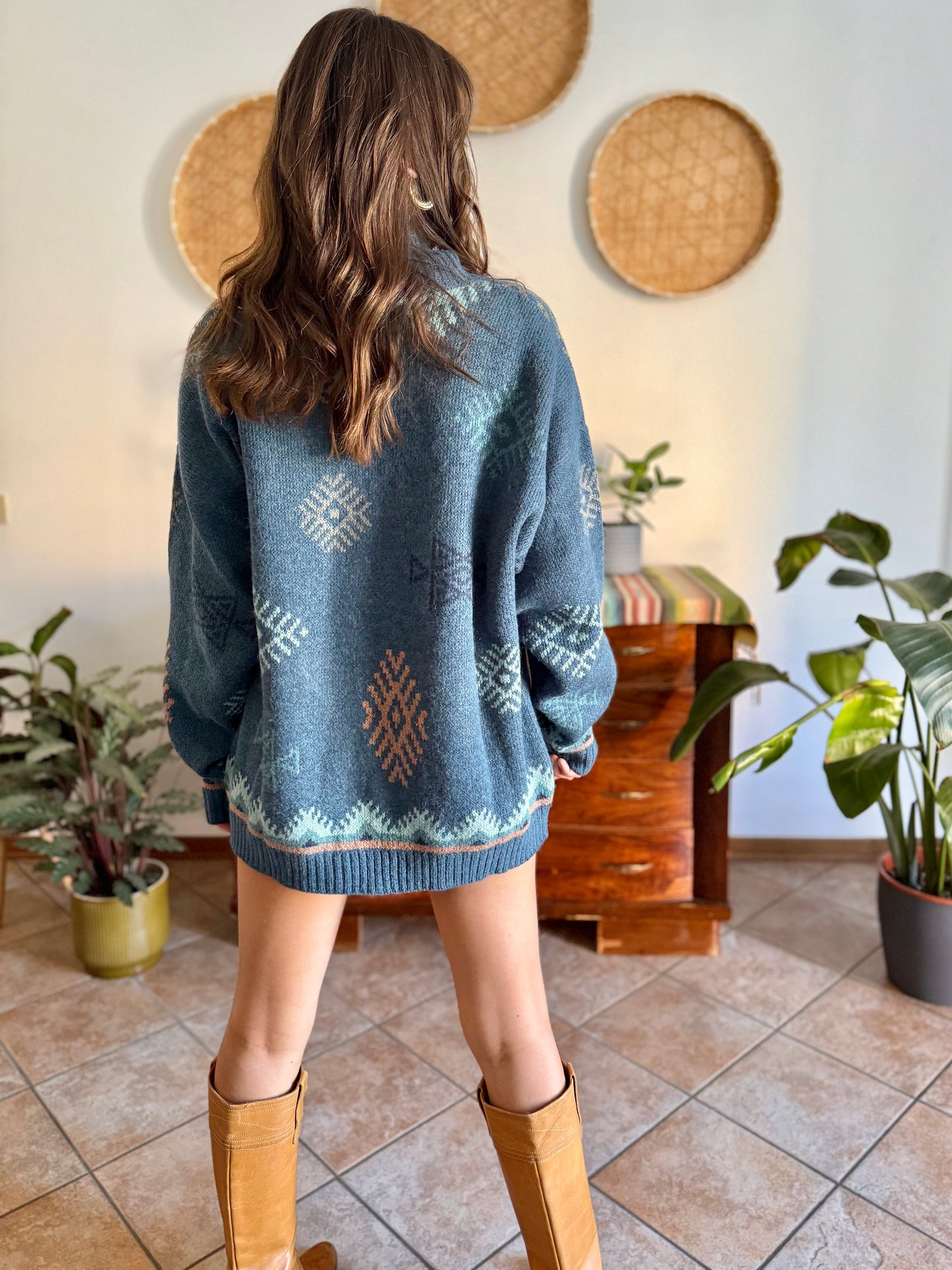 1990's vintage oversize wool and mohair blend blue and pink geometric knit turtleneck