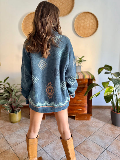 1990's vintage oversize wool and mohair blend blue and pink geometric knit turtleneck