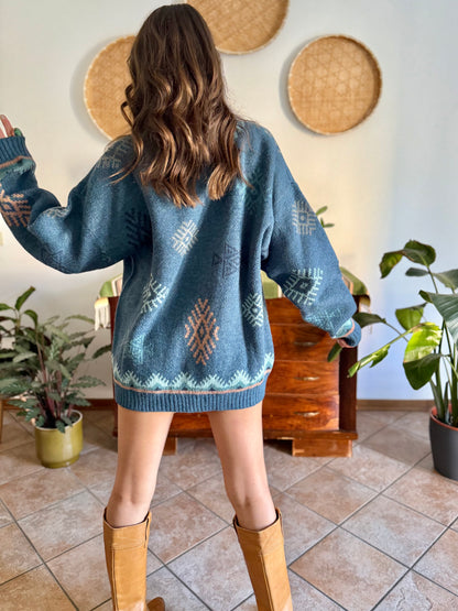 1990's vintage oversize wool and mohair blend blue and pink geometric knit turtleneck