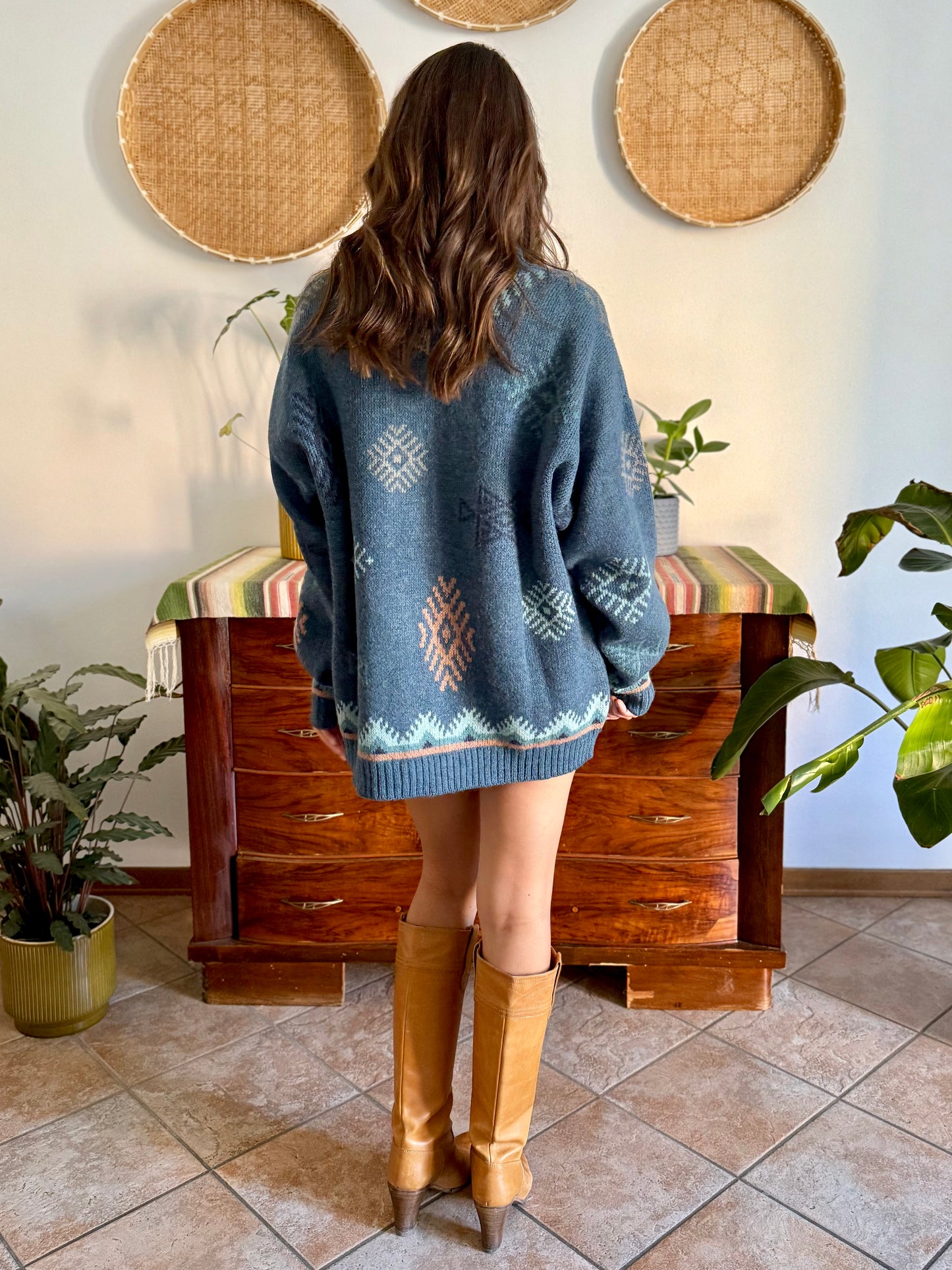 1990's vintage oversize wool and mohair blend blue and pink geometric knit turtleneck