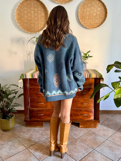 1990's vintage oversize wool and mohair blend blue and pink geometric knit turtleneck