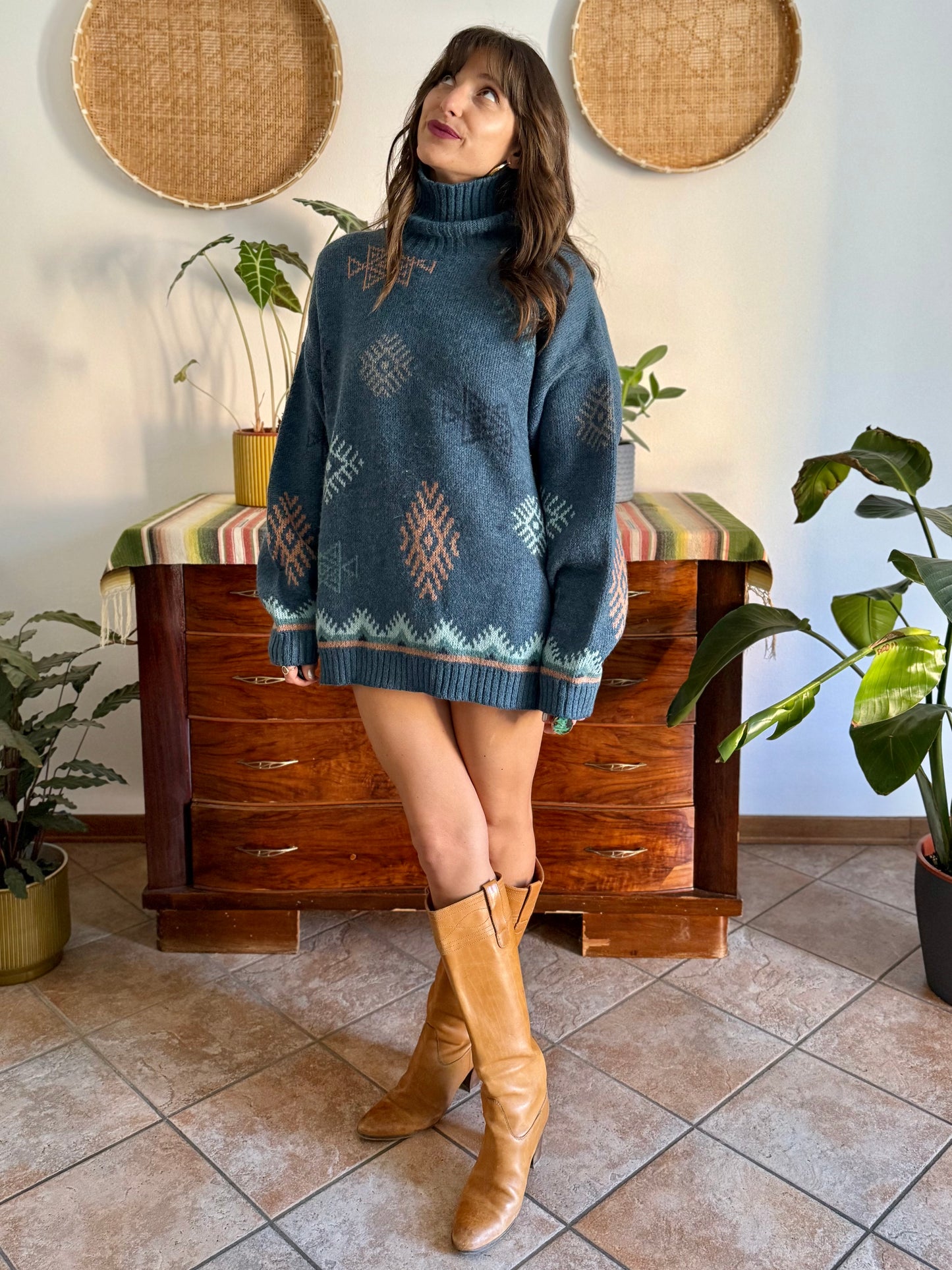 1990's vintage oversize wool and mohair blend blue and pink geometric knit turtleneck