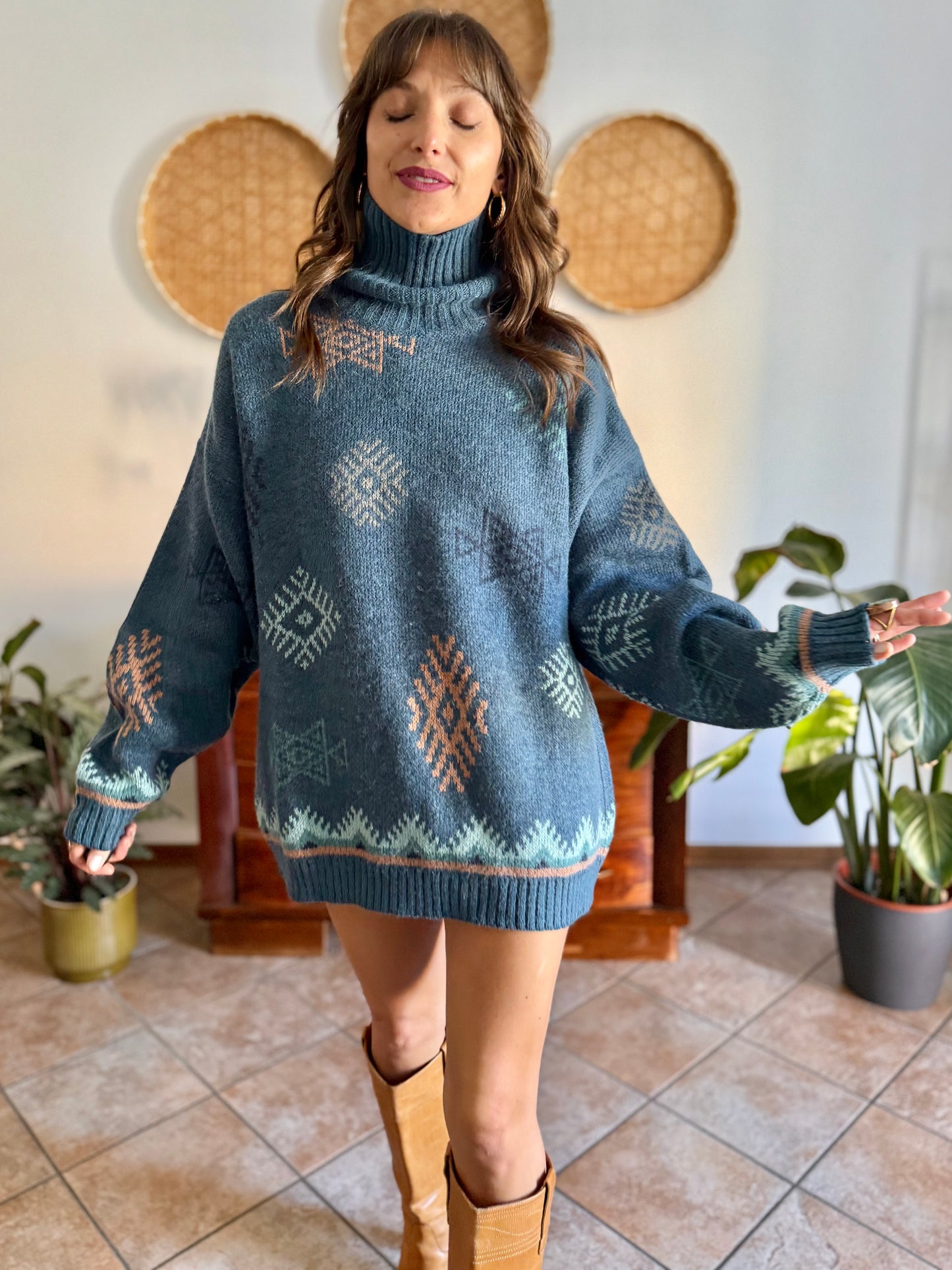 1990's vintage oversize wool and mohair blend blue and pink geometric knit turtleneck