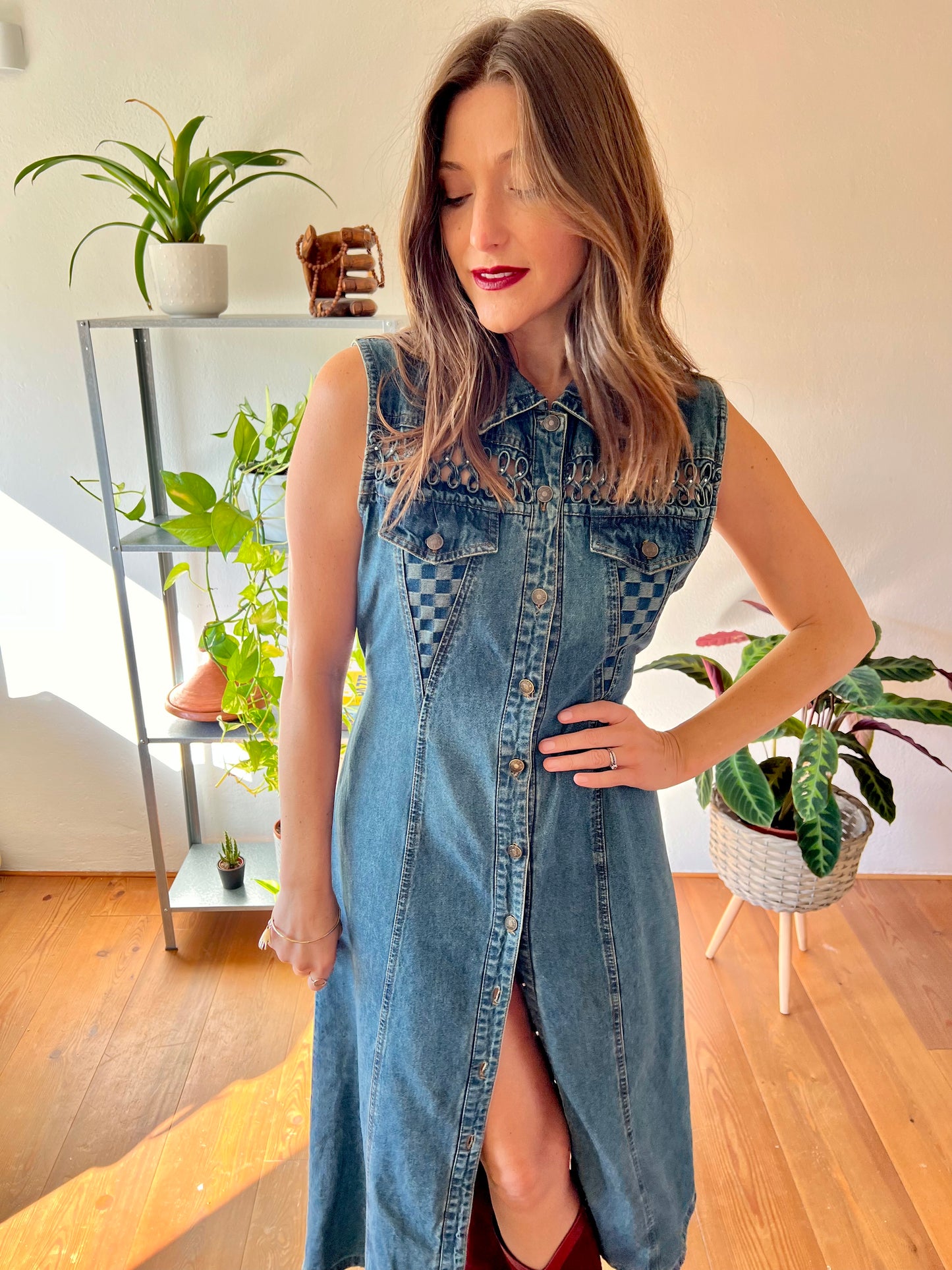 1990's vintage dark blue denim maxi dress with lattice detail