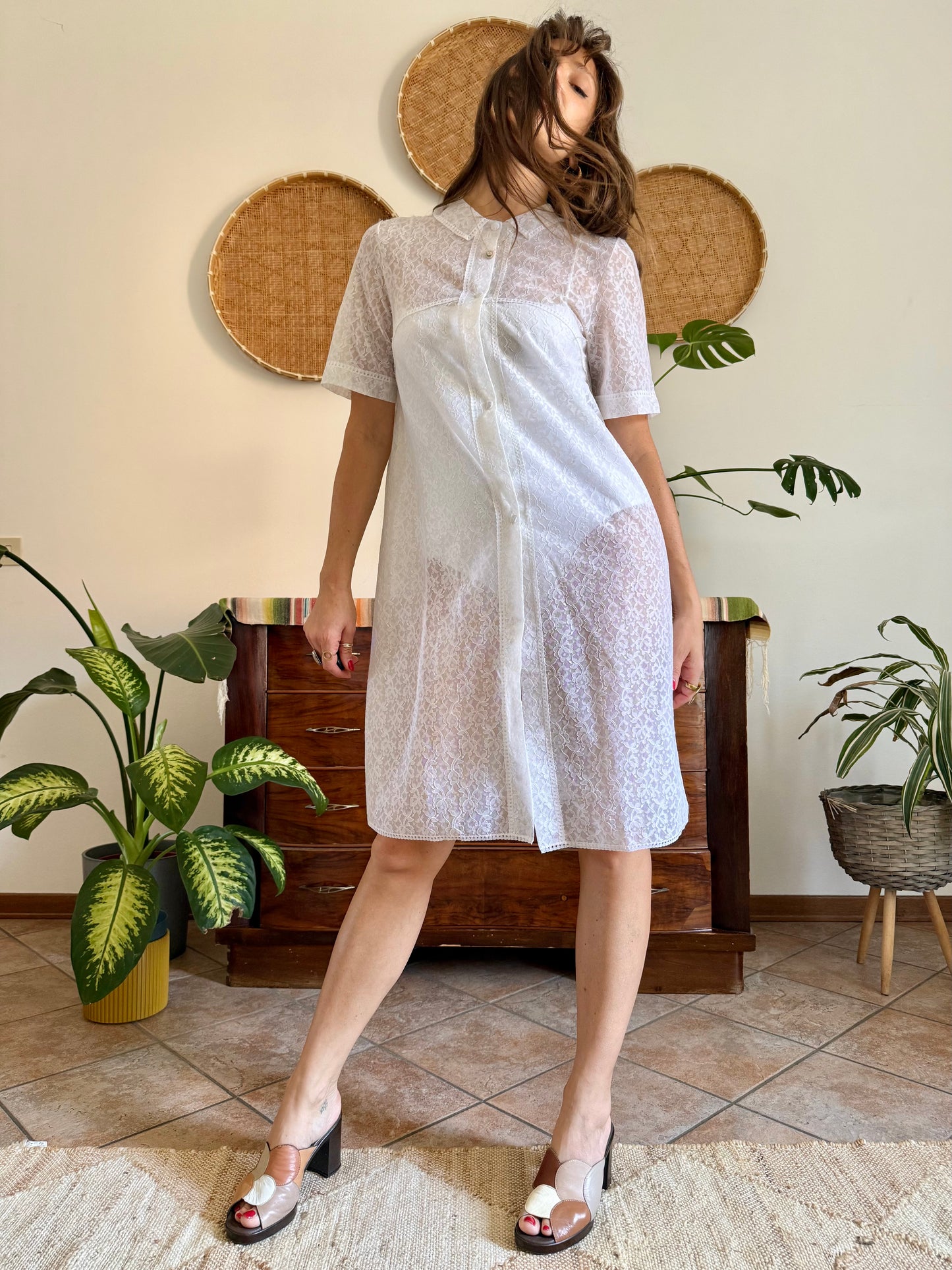 1960's vintage white sheer lace midi dress