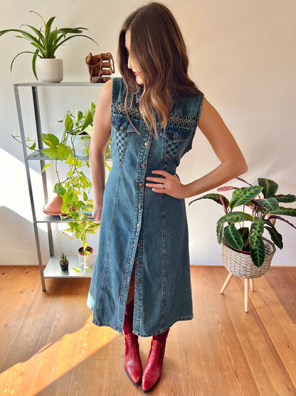 1990's vintage dark blue denim maxi dress with lattice detail