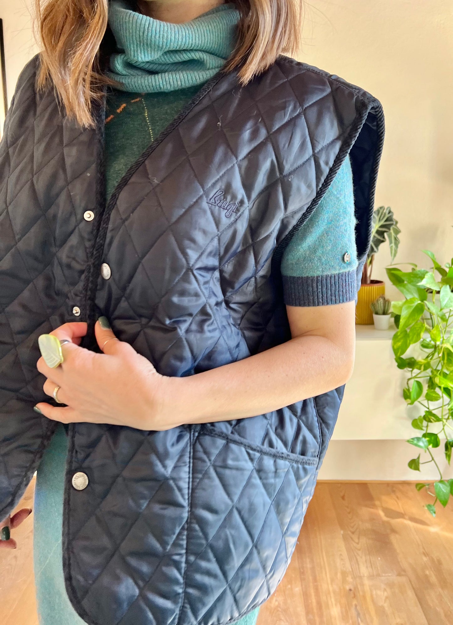 1970's vintage oversize navy blue quilted vest