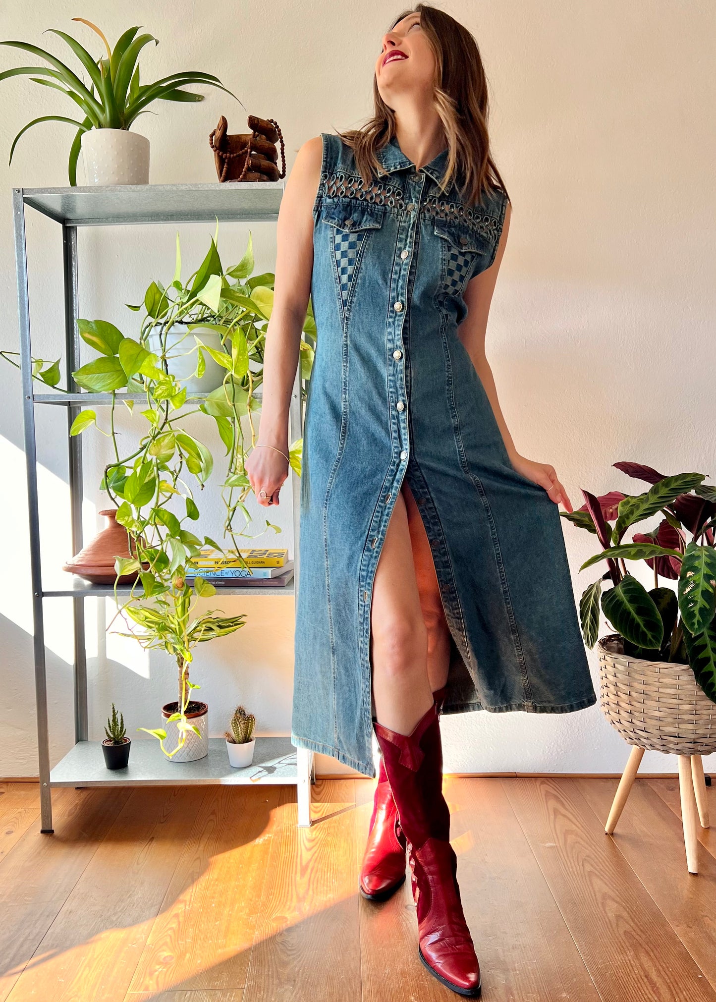 1990's vintage dark blue denim maxi dress with lattice detail