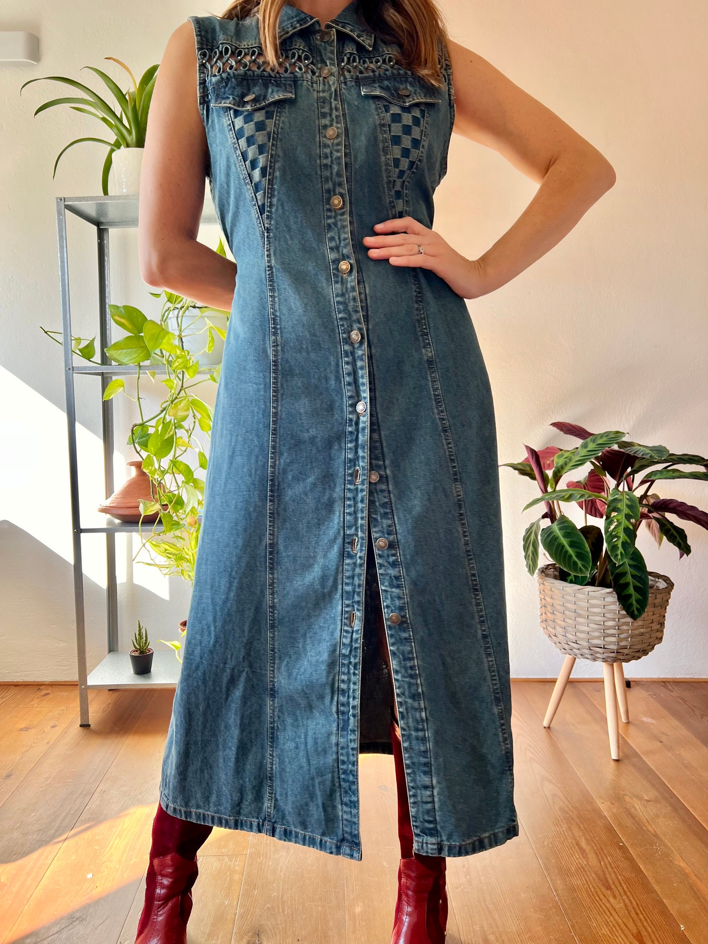 1990's vintage dark blue denim maxi dress with lattice detail