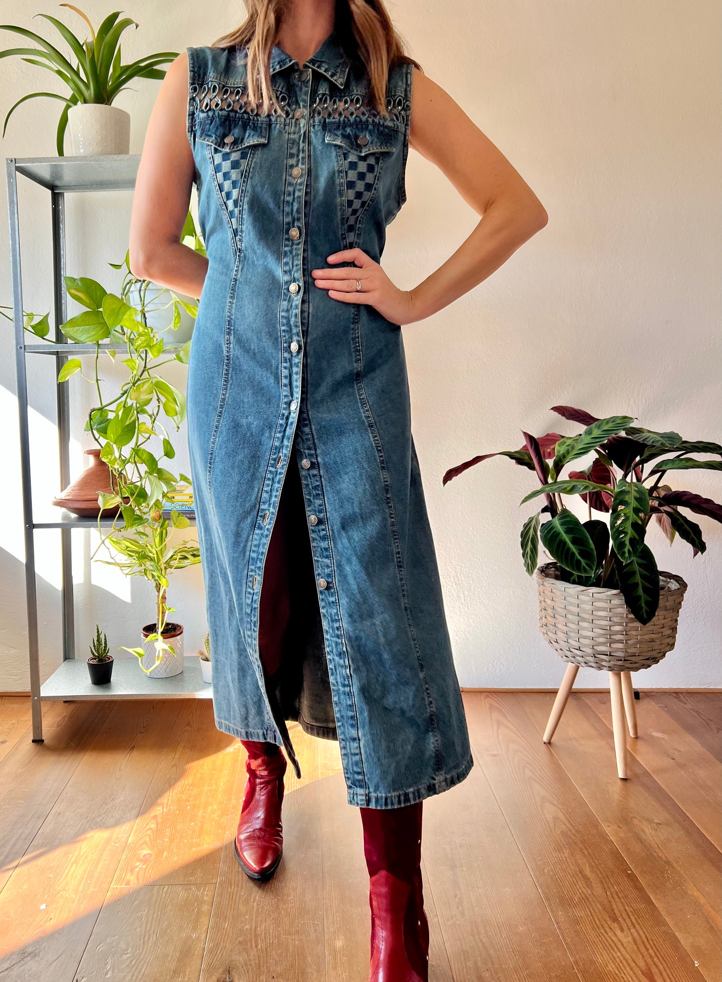 1990's vintage dark blue denim maxi dress with lattice detail