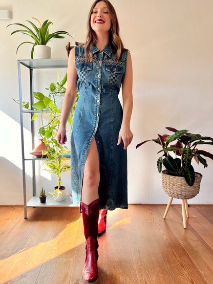 1990's vintage dark blue denim maxi dress with lattice detail