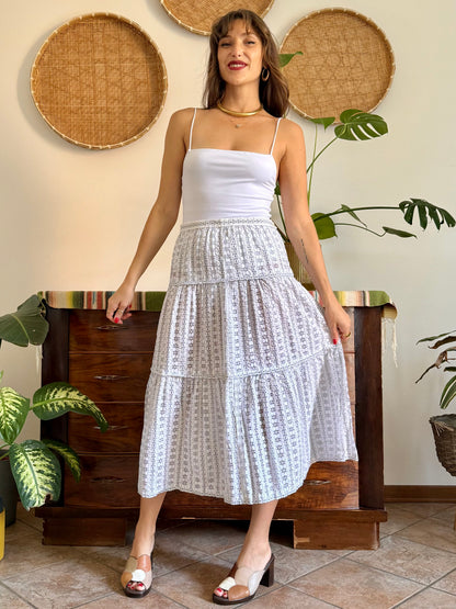 1970's vintage semi sheer black and white floral eyelet maxi skirt