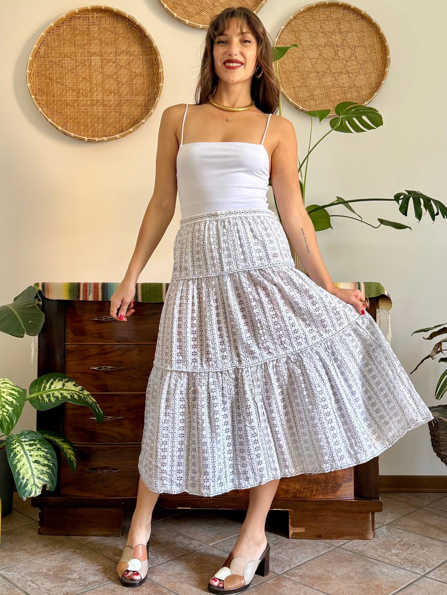 1970's vintage semi sheer black and white floral eyelet maxi skirt