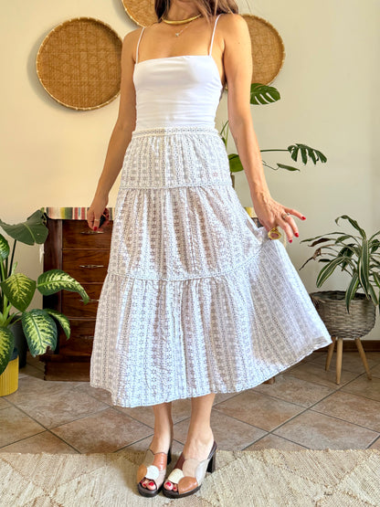 1970's vintage semi sheer black and white floral eyelet maxi skirt