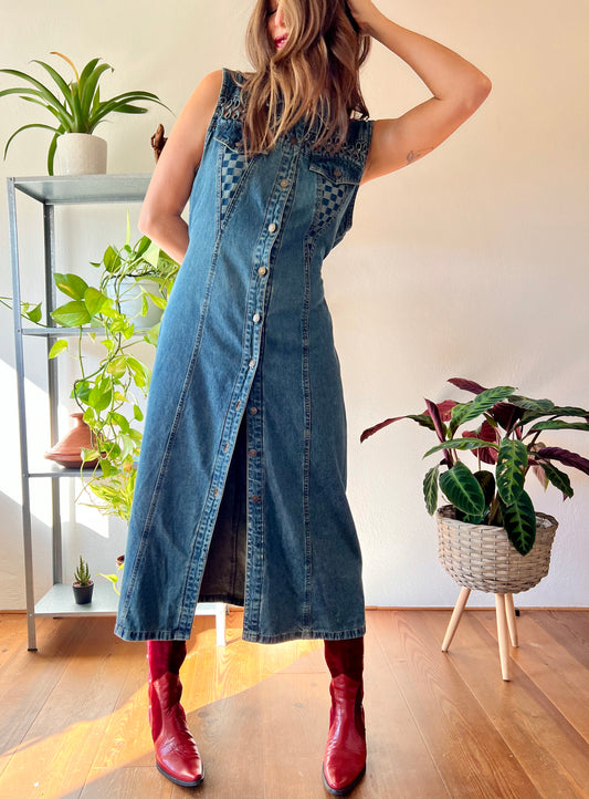 1990's vintage dark blue denim maxi dress with lattice detail