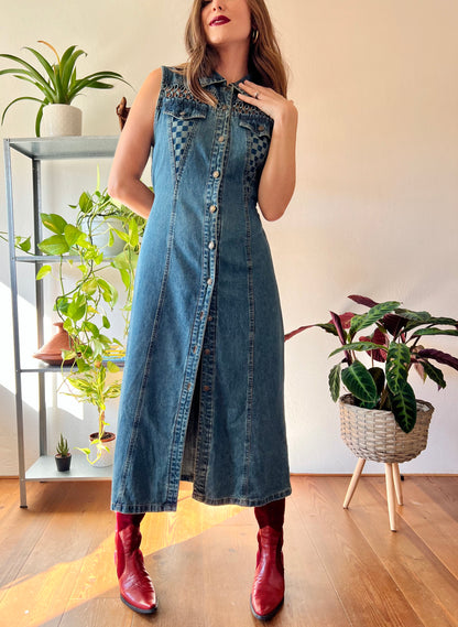 1990's vintage dark blue denim maxi dress with lattice detail